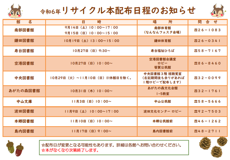 令和6年度リサイクル本配布日程表